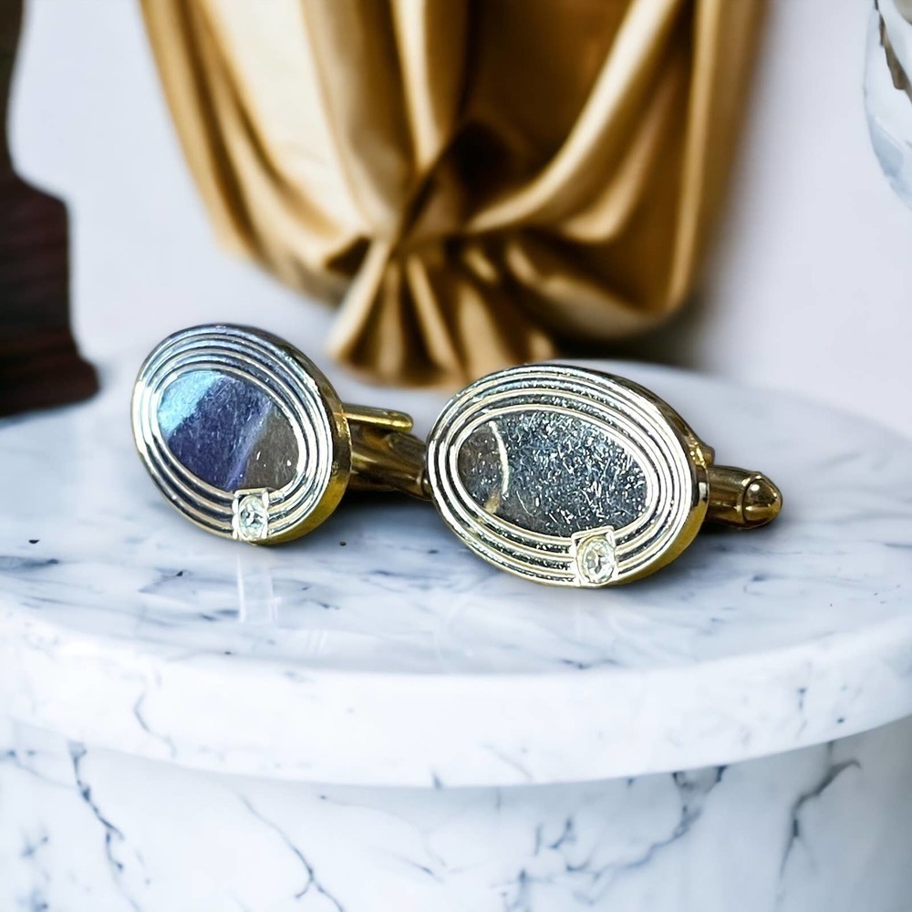 Gold Tone Cufflinks with Glass Stone Unsigned